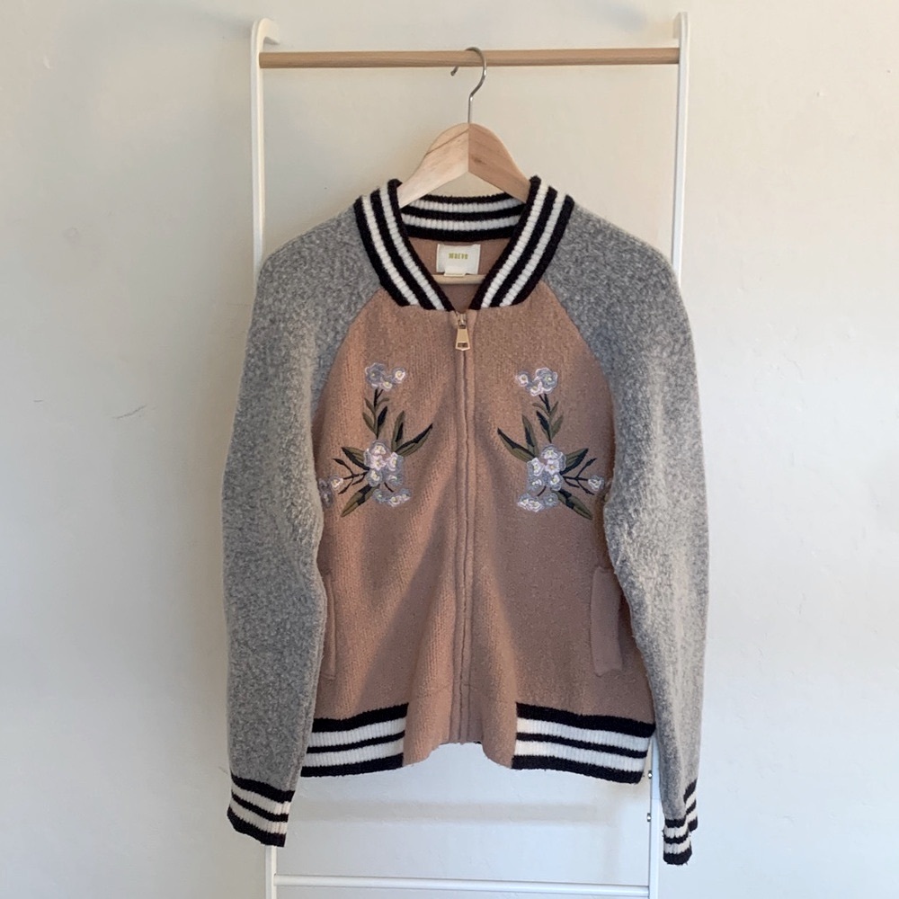 Maeve Beige and Gray Varsity Jacket with Floral Design